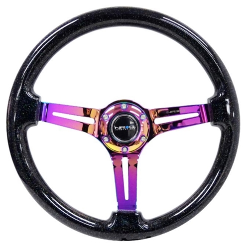 Reinforced Classic Wood Grain Wheel, 350mm, 3 spoke Slotted Center Neochrome with Black multi color flake Wood