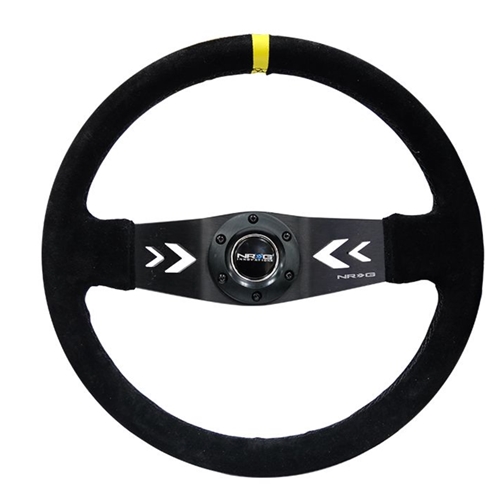 Reinforced Steering Wheel NRG Arrow cut out two spoke 350mm Sport Stereing Wheel Suede (3" Deep) Black Suede, yellow Center Marking,