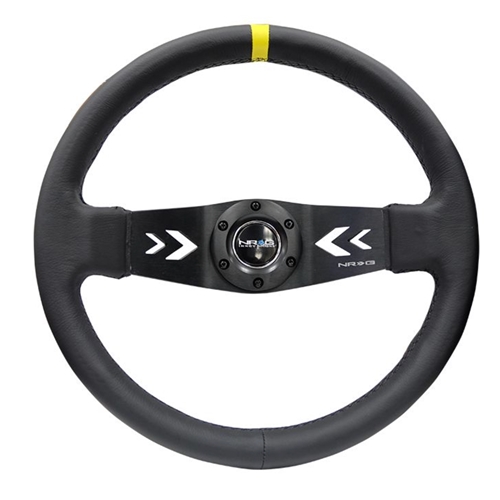 Reinforced Steering Wheel NRG Arrow cut out two spoke 350mm Sport Stereing Wheel Leather (3" Deep) Black Suede, yellow Center Marking, NRG Arrow cut out two spoke