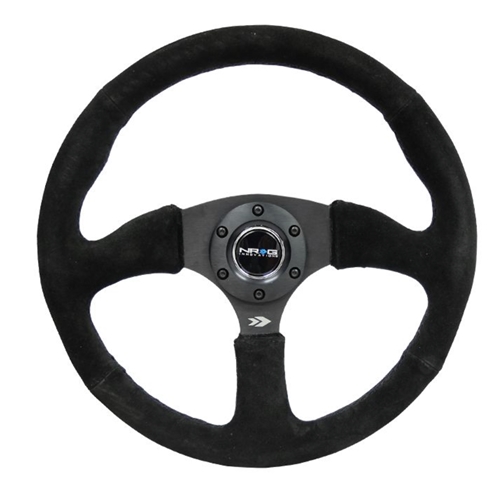 Reinforced Steering Wheel- 350mm Sport Suede Racing ( 2.5" Deep) Comfort Grip, 5mm thick matte black spoke