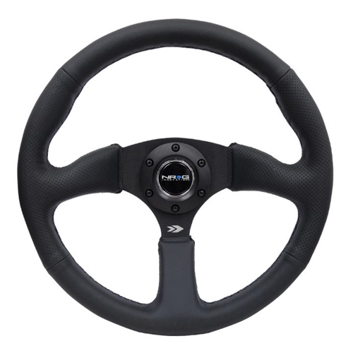 Reinforced Steering Wheel- 350mm Sport Leather Racing ( 2.5" Deep) Comfort Grip 5mm matte black spoke