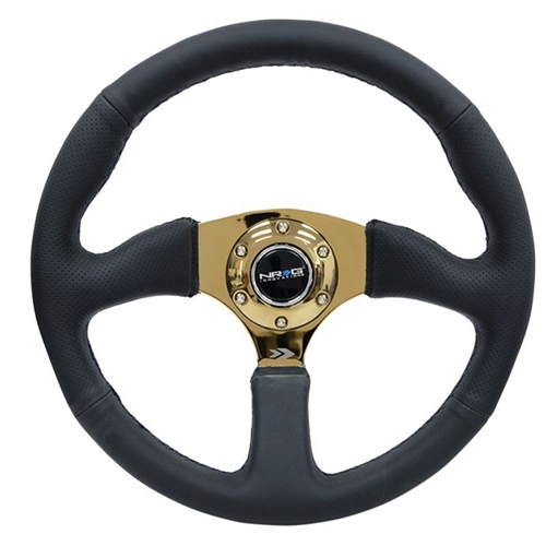 Reinforced Steering Wheel- 350mm Sport Leather Racing ( 2.5" Deep) Comfort Grip 4mm metal gold spoke