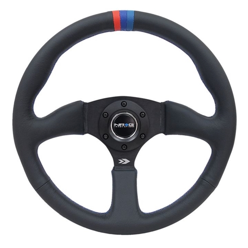 Reinforced Steering Wheel - 350mm Sport Leather Racing ( 2.5" Deep) Comfort Grip, 4mm matte black spoke with m3 stitching and line