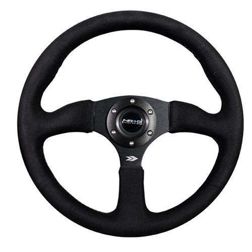 Reinforced Steering Wheel - 350mm Sport Leather Racing ( 2.5" Deep) Comfort Grip, 4mm matte black spoke with Alcantara finish