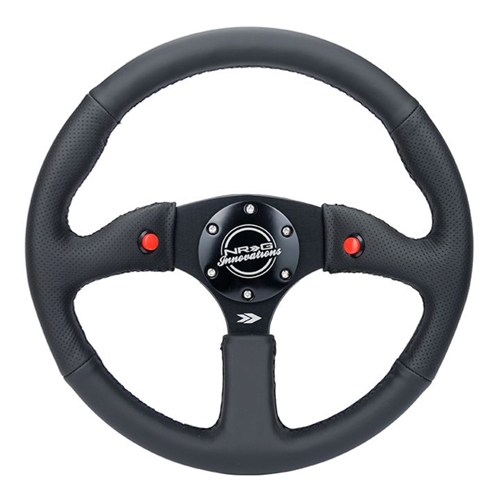 Reinforced Steering Wheel - 350mm Sport Leather Racing ( 2.5" Deep) Comfort Grip, 4mm matte black spoke with Leather finish and dual button