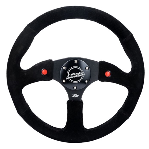 Reinforced Steering Wheel - 350mm Sport Suede Racing ( 2.5" Deep) Comfort Grip, 4mm matte black spoke with Suede finish and dual button