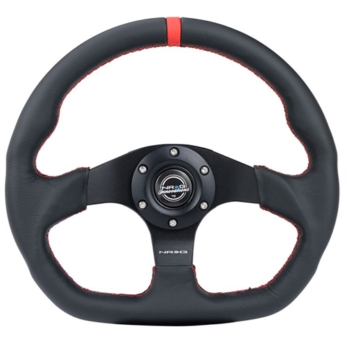 Reinforced Steering Wheel - 320mm Sport Leather flat bottom with Red center mark, Red stitching