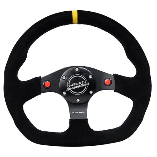 Reinforced Steering Wheel - 320mm Sport Suede dual push buttons flat bottom with yellow center mark