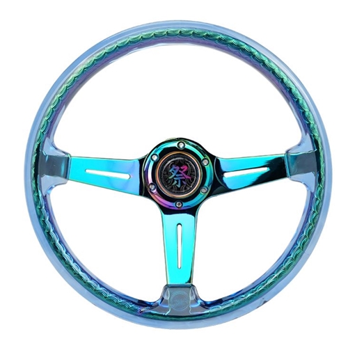 Reinforced Steering Wheel - "Matsuri" 350mm 2" Deep Dish Clear Acrylic Steering Wheel in Blue and NeoChrome spoke finish with slits.