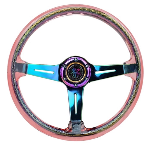 Reinforced Steering Wheel - "Matsuri" 350mm 2" Deep Dish Clear Acrylic Steering Wheel in Red and NeoChrome spoke finish with slits.