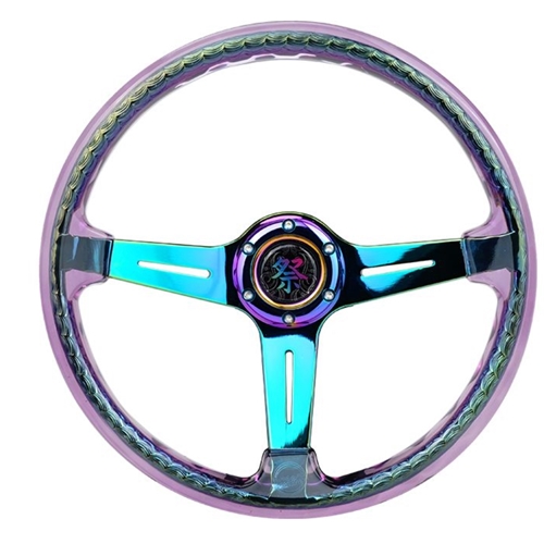 Reinforced Steering Wheel - "Matsuri" 350mm 2" Deep Dish Clear Acrylic Steering Wheel in Purple and NeoChrome spoke finish with slits.