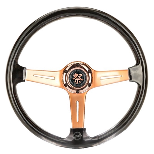 Reinforced Steering Wheel - "Matsuri" 350mm 2" Deep Dish Clear Acrylic Steering Wheel in Smoke and Rose Gold spoke finish with slits.