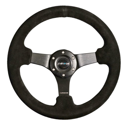 Reinforced Steering Wheel - 330mm Sport Suede Racing ( 3" Deep) Comfort Grip, 4mm matte black spoke with criss cross stitching