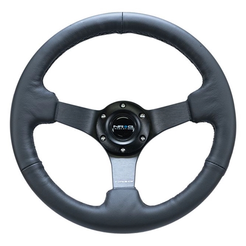 Reinforced Steering Wheel - 330mm Sport Leather Racing ( 3" Deep) Comfort Grip, 4mm matte black spoke with criss cross stitching