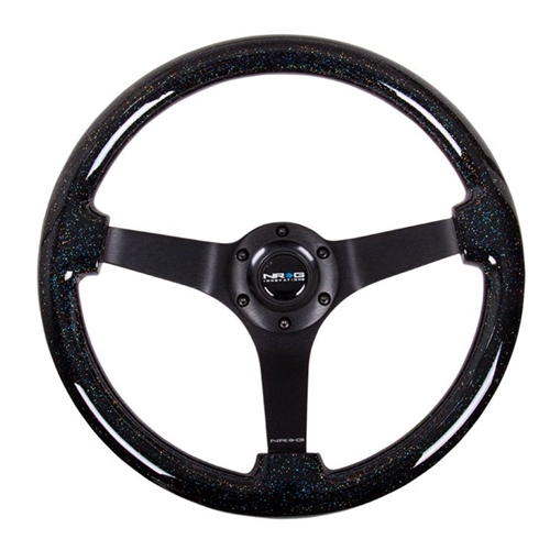 Reinforced Steering Wheel - Classic Black Sparkled Wood Grain Wheel (3" Deep, 4mm ), 350mm, 3 Solid spoke center in Black