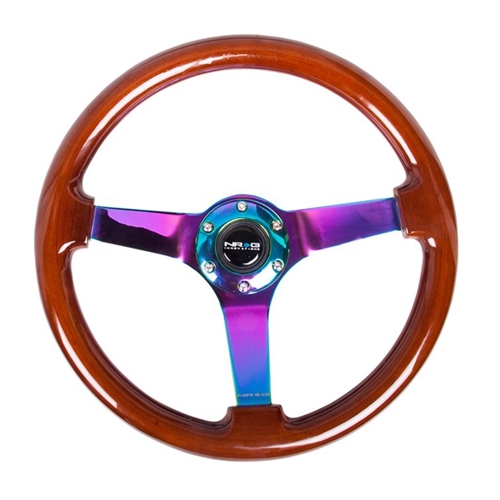 Reinforced Steering Wheel - Classic Dark Wood Grain Wheel (3" Deep, 4mm ), 350mm, 3 Solid spoke center in Neochrome