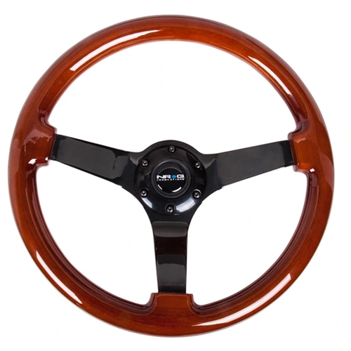 Reinforced Steering Wheel - Classic Wood Grain Wheel (3" Deep), 350mm, 3 Solid spoke center in Black Matte Finish