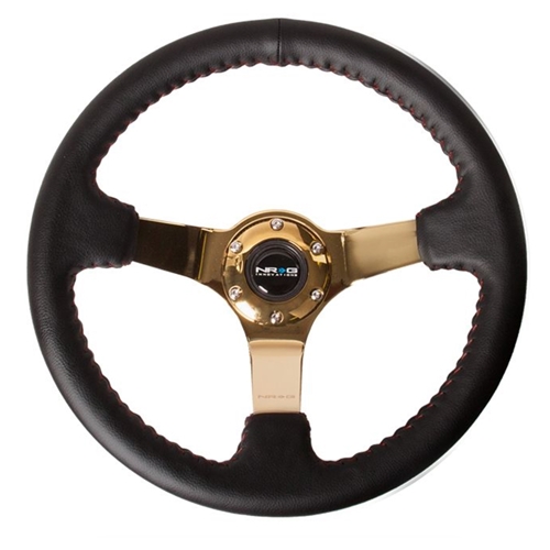 Reinforced Steering Wheel - (3" Deep, 4mm ) 350mm Sport wheel - Black Leather, Red Baseball Stitch, Gold spoke