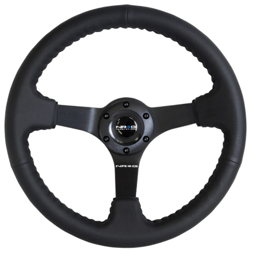 Reinforced Steering Wheel- Odi Signature RACE STYLE - 350mm sport steering wheel (3' deep) black Leather w/ Black baseball stitching - Matte Black spoke