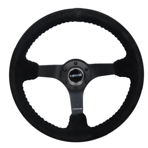 Reinforced Steering Wheel - 3" Deep, 5mm matte black spoke, 350mm Sport Steering Wheel Black suede w/ Black baseball stitching