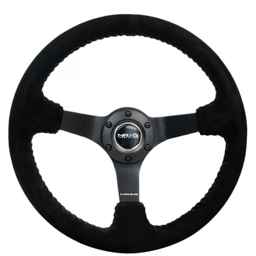 Reinforced Steering Wheel - 3" Deep, 5mm matte black spoke, 350mm Sport Steering Wheel Black suede w/ Blue baseball stitching