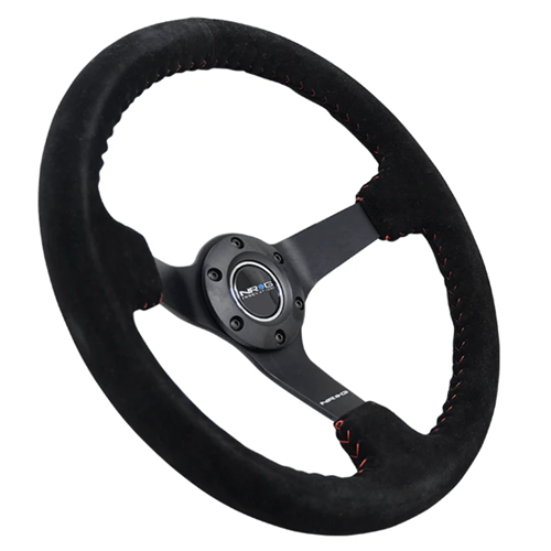 Reinforced Steering Wheel - 3" Deep, 5mm matte black spoke, 350mm Sport Steering Wheel Black suede w/ Red baseball stitching