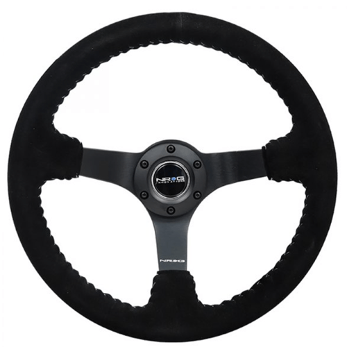 Reinforced Steering Wheel - 3" Deep, 5mm matte black spoke, 350mm Sport Steering Wheel Black suede w/ Silver baseball stitching