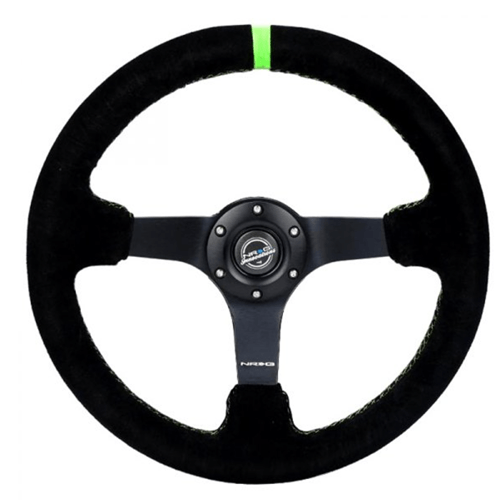 Reinforced Steering Wheel - 3" Deep, 5mm matte black spoke, 350mm Sport Steering Wheel Black suede w/ Neon Green baseball stitching / Neon Green Center Mark