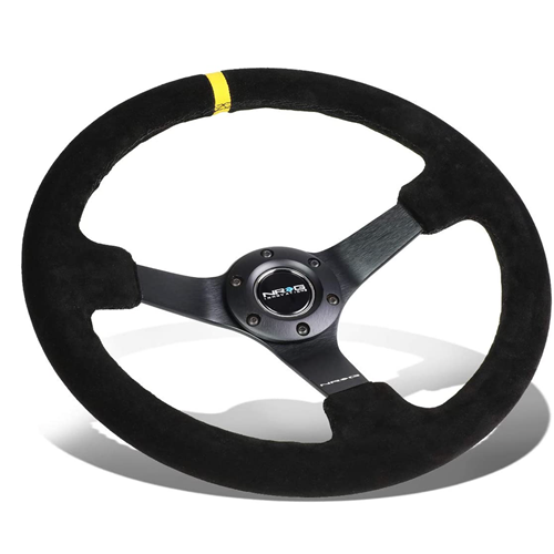 Reinforced Steering Wheel - 3" Deep, 5mm matte black spoke, 350mm Sport Steering Wheel Black suede w/ Black criss cross stitching and Yellow Center Mark