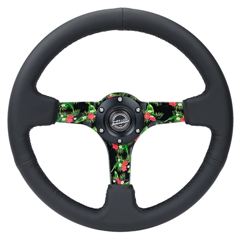 Reinforced Steering Wheel - 3" Deep, 5mm matte black spoke, 350mm Sport Steering Wheel Black leather w/ Black criss cross stitching and Yellow Center Mark