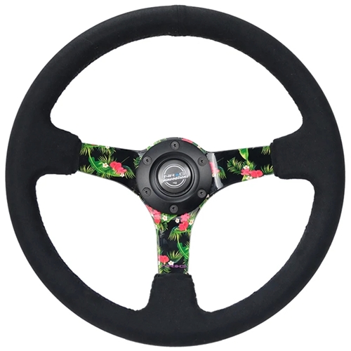 Reinforced Steering Wheel - 3: Deep, 5mm floral spoke, 350mm black suede steering wheel