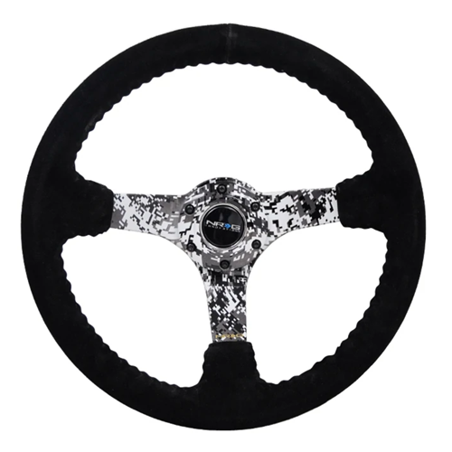 Reinforced Steering Wheel - Hydro Dipped Digital Camo 3" Deep, 5mm spoke, 350mm Sport Steering Wheel Black Suede w/ Black baseball stitching