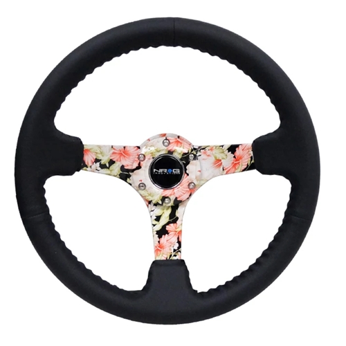 Reinforced Steering Wheel - Hydro Dipped Tropical Floral 3" Deep, 5mm spoke, 350mm Sport Steering Wheel Black Leather w/ Black baseball stitching