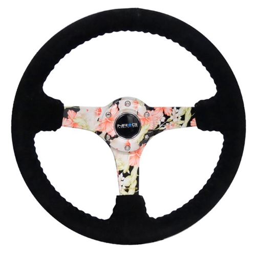 Reinforced Steering Wheel - Hydro Dipped Tropical Floral 3" Deep, 5mm spoke, 350mm Sport Steering Wheel Black Suede w/ Black baseball stitching