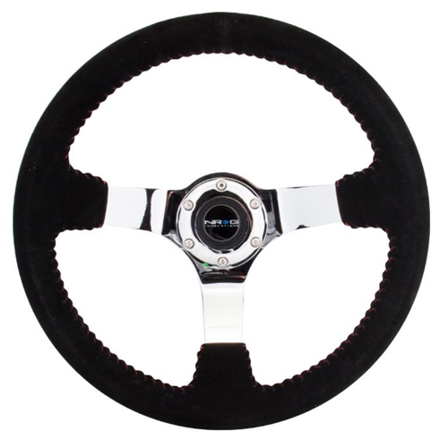 Reinforced Steering Wheel - 350mm sport steering wheel (3' deep) black Suede with red baseball stitching - CHROME spoke