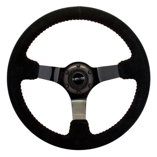 Reinforced Steering Wheel - 350mm sport steering wheel (3' deep) black Suede with red baseball stitching - BLACK spoke