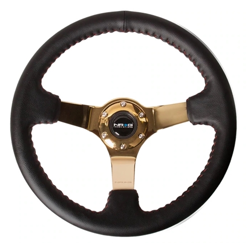 Reinforced Steering Wheel - 350mm sport steering wheel (3' deep) black leather with red baseball stitching - CHROME GOLD spoke