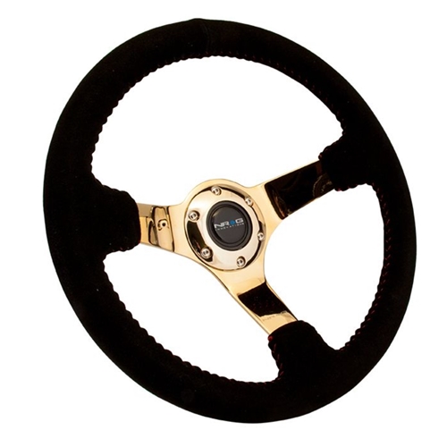 Reinforced Steering Wheel - 350mm sport steering wheel (3' deep) black Suede with red baseball stitching - CHROME GOLD spoke