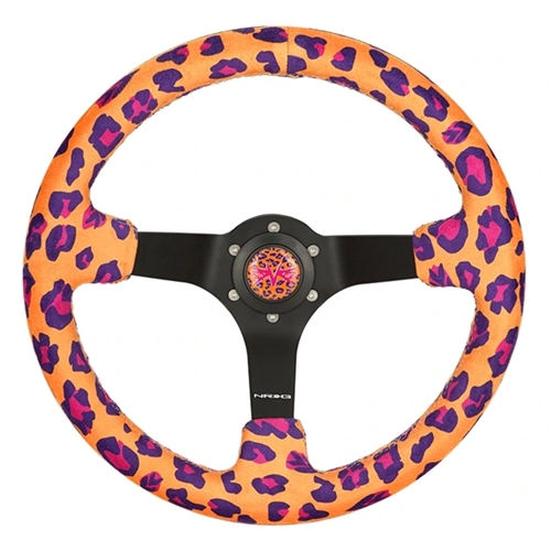 Reinforced Steering Wheel - 350mm sport steering wheel (3' deep) Savage Orange Leopard Printed Micro Fiber Vegan Material with Matte Black spoke