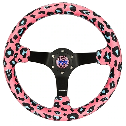 Reinforced Steering Wheel - 350mm sport steering wheel (3' deep) Savage PinkLeopard Printed Micro Fiber Vegan Material with Matte Black spoke