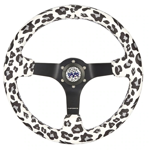 Reinforced Steering Wheel - 350mm sport steering wheel (3' deep) Savage WhiteLeopard Printed Micro Fiber Vegan Material with Matte Black spoke