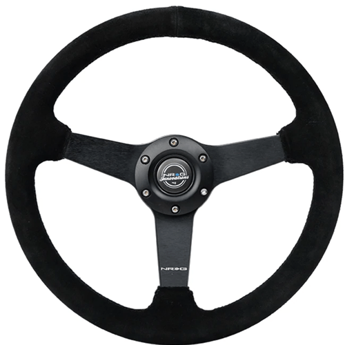 350mm sport steering wheel (1.5' deep) black suede with Black stitching - Matte Black Solid Spokes