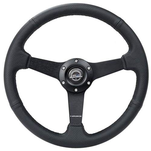 350mm sport steering wheel (1.5' deep) black Perforated Leather with Black stitching - Matte Black Solid Spokes