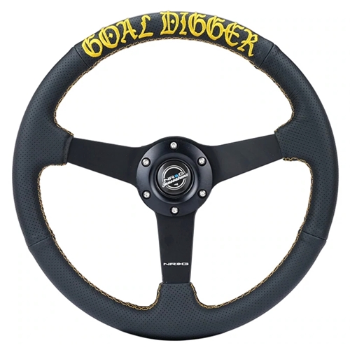 350mm sport steering wheel (1.5' deep) black perforated Leather with Gold stitching - Matte Black Solid Spokes, Goal Digger Gold stitching in front