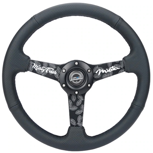 350mm sport steering wheel (1.5' deep) black perforated Leather with Black stitching - Matte Black Solid Spokes with Minty Fresh Miata Logo Etched