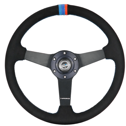 350mm sport steering wheel (1.5' deep) black perforated Leather with M3 stitching - Matte Black Solid Spokes with Minty Fresh Miata Logo Etched