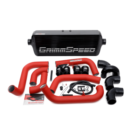 Front Mount Intercooler Kit BLACK Coated [Inc. Red Piping] - Subaru 08-14 STI