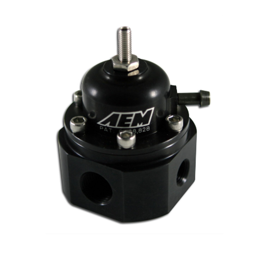 Universal Adjustable Fuel Pressure Regulator. Black. Inlet: 2 X -6 (9/16-18) Outlet: -6 (9/16"-18) Gauge Port: 1/8"NPT