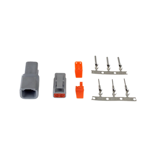 DTM-Style 2-Way Connector Kit. Includes Plug, Receptacle, Plug Wedge Lock, Receptacle Wedge Lock, 3 Female Pins & 3 Male Pins