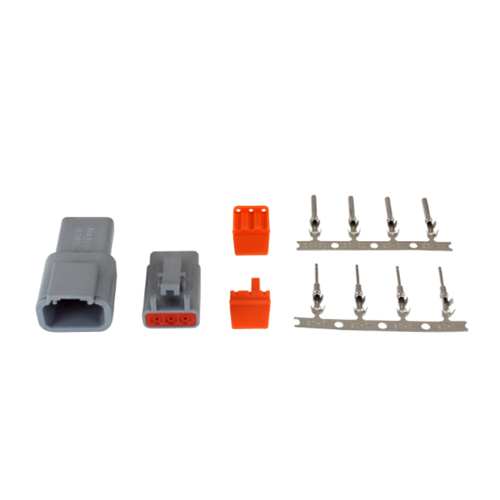 DTM-Style 3-Way Connector Kit. Includes Plug, Receptacle, Plug Wedge Lock, Receptacle Wedge Lock, 4 Female Pins & 4 Male Pins